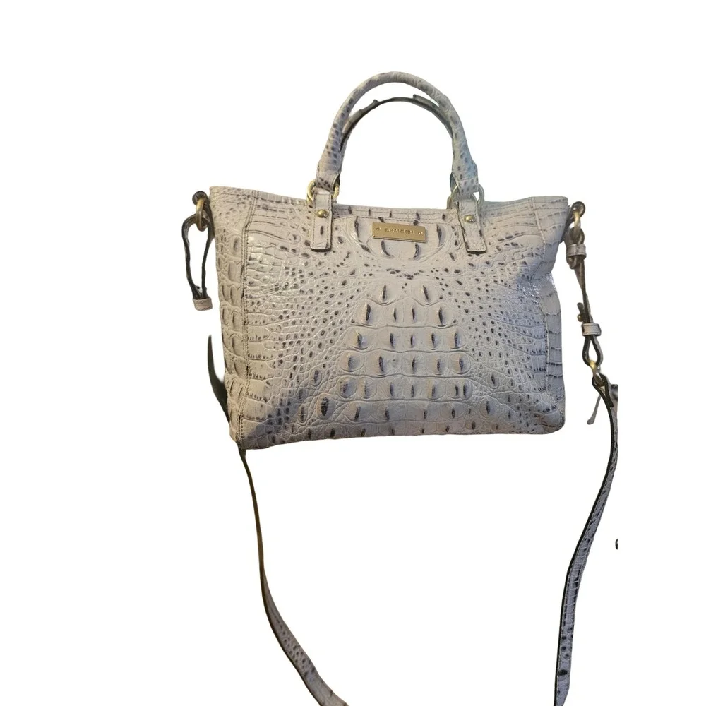 Brahmin Croc Embossed Leather Satchel Crossbody Bag Gray Cream Gold Hardware